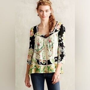 Anthropologie Floral Patchwork Top - Black, Cream, Green